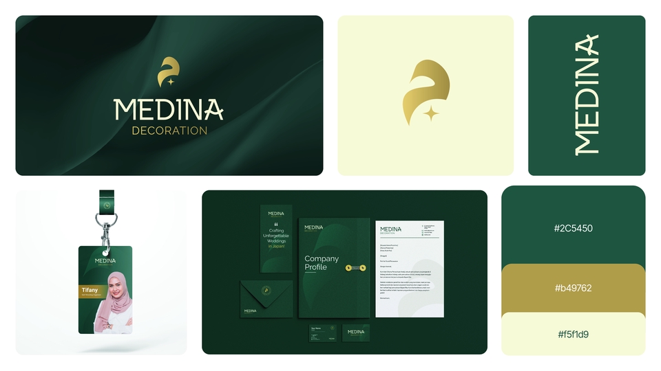 Desain logo Medina Decoration dengan warna hijau dan emas, menampilkan logo berbentuk abstrak dengan tulisan Medina Decoration