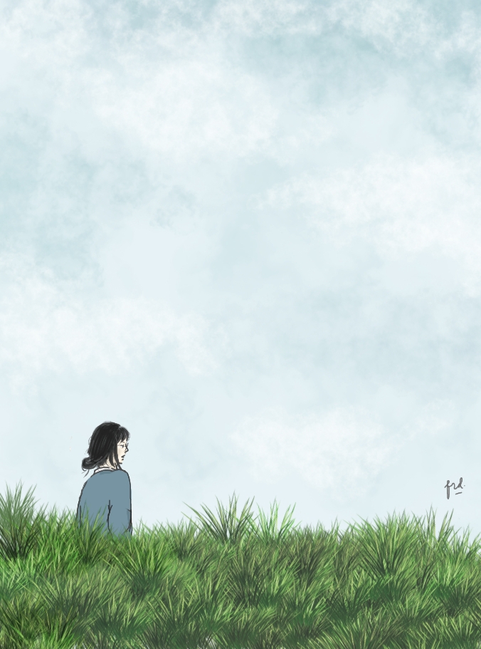 Ilustrasi seorang wanita di padang rumput hijau dengan langit biru