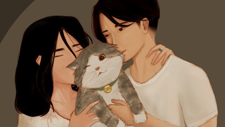 Ilustrasi pasangan dengan kucing, jasa ilustrasi gambar kartun, desain ilustrasi hewan, gambar ilustrasi hewan, gambar ilustrasi kucing, jasa illustrator.