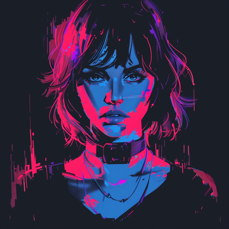 รับวาดภาพดิจิตอลเพ้นท์ สไตล์ cyberpunk ผู้หญิง สีชมพู น้ำเงิน 