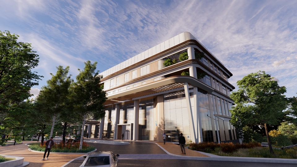 Jasa desain eksterior 3d, gambar bangunan kantor modern dengan desain minimalis
