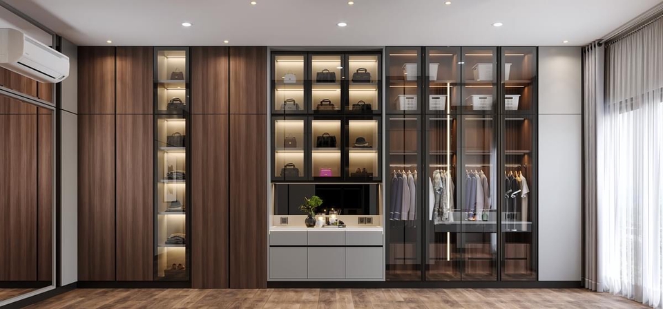 Desain interior lemari pakaian modern dengan desain minimalis dan fungsional untuk rumah dan apartemen.