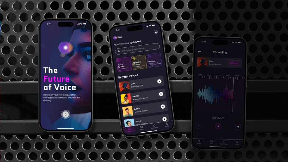 Desain aplikasi mobile UI UX untuk merekam suara dengan fitur pengaturan suara dan tampilan desain yang menarik.