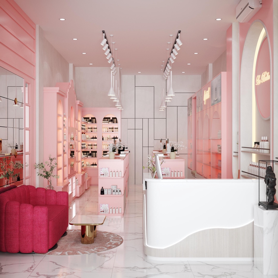 Desain interior toko kosmetik minimalis dengan rak dan meja kasir modern