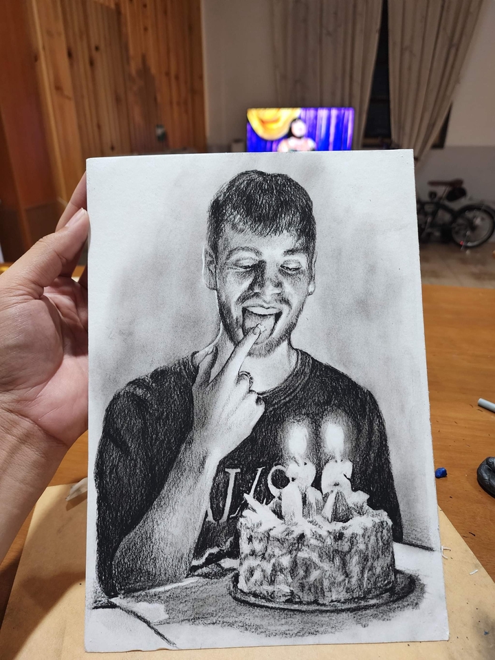รับวาดรูปภาพประกอบ เพ้นท์รูปชายหนุ่มกำลังเป่าเค้กวันเกิด