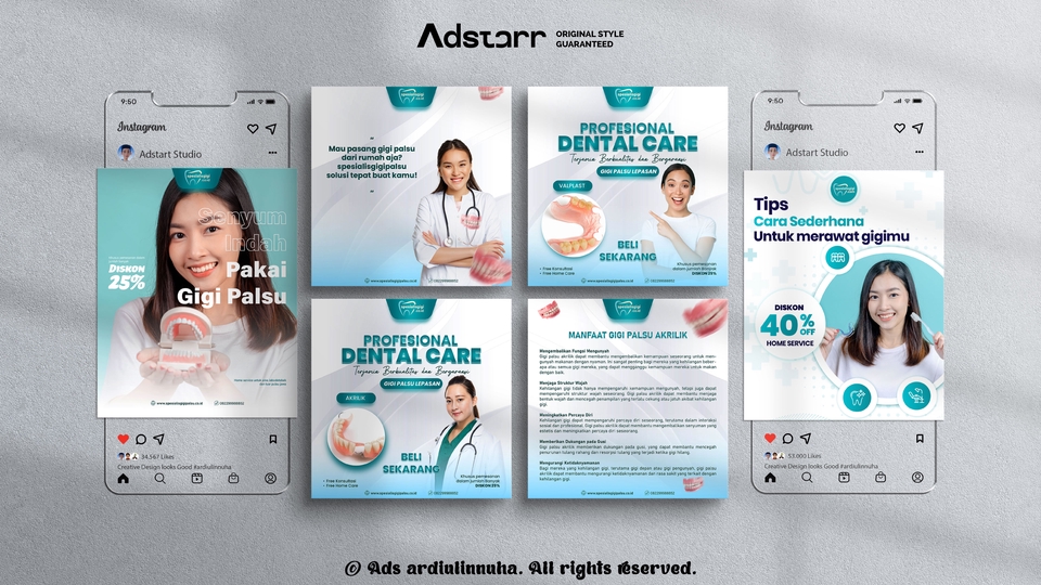 Jasa desain banner instagram promosi dental care dengan tema gigi palsu dan perawatan gigi.