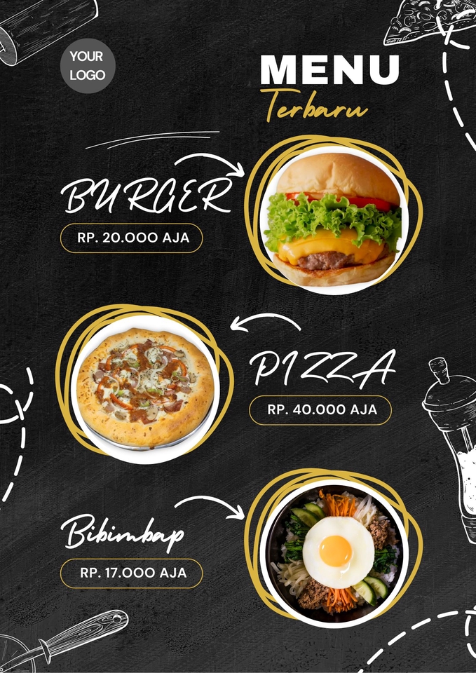 Desain menu makanan restoran dengan harga dan gambar burger, pizza, dan bibimbap