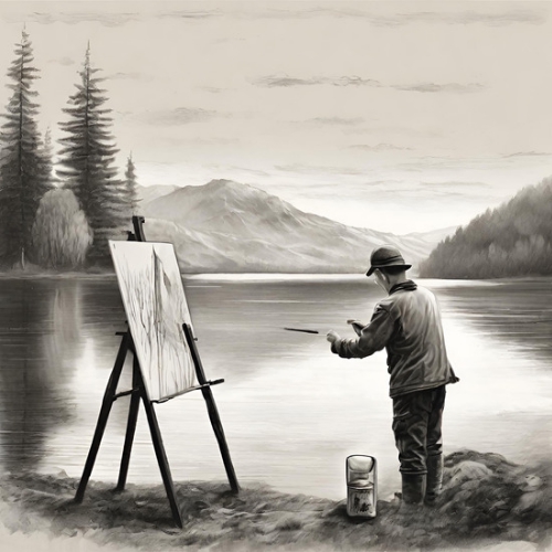 Jasa ilustrasi gambar seorang seniman melukis di alam terbuka dengan latar belakang danau dan pegunungan.