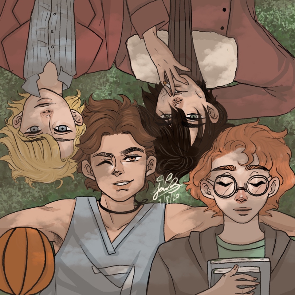 รับวาดรูปประกอบนิทาน ภาพวาดดิจิตอล 4 คน นั่งเล่นบนพื้น