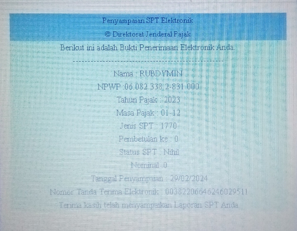 Bukti Penerimaan Elektronik SPT Elektronik untuk RUDYMIN dengan NPWP 06.082.338.2-831.000, Tahun Pajak 2023, Masa Pajak 01 12, Jenis SPT 1770. Tanggal Penyampaian 29/02/2024, Nomor Tanda Terima Elektronik 0033210646246029511.