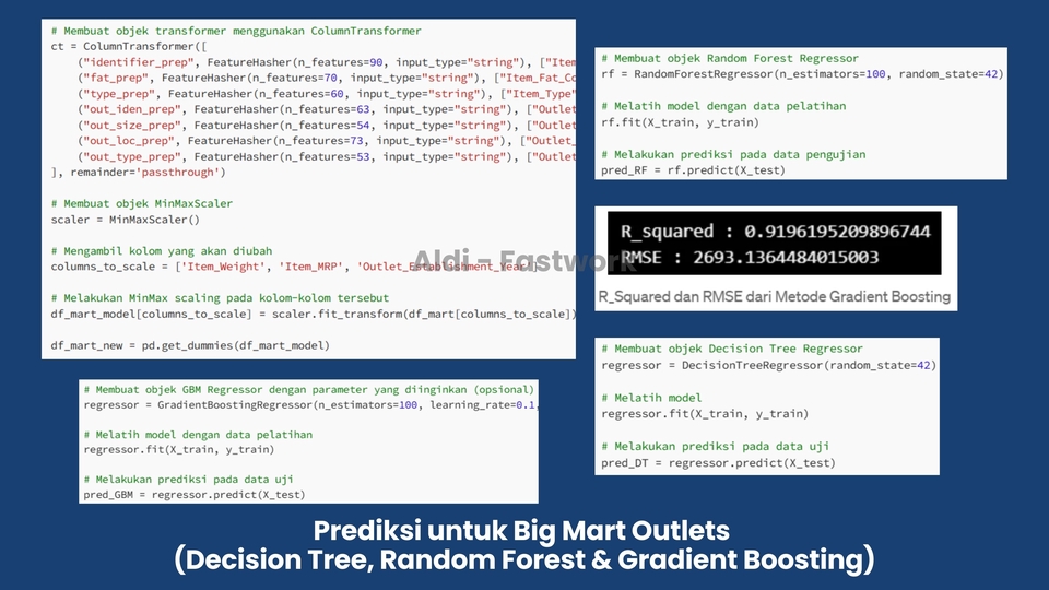 Analisis statistik deskriptif dan prediksi Big Mart Outlest menggunakan metode Decision Tree, Random Forest & Gradient Boosting.