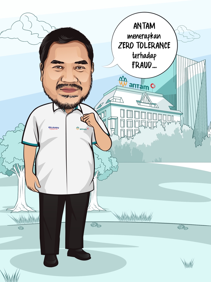 Desain karakter kartun pria dengan desain maskot  AnTam dengan slogan "ANTAM menerapkan ZERO TOLERANCE terhadap FRAUD".