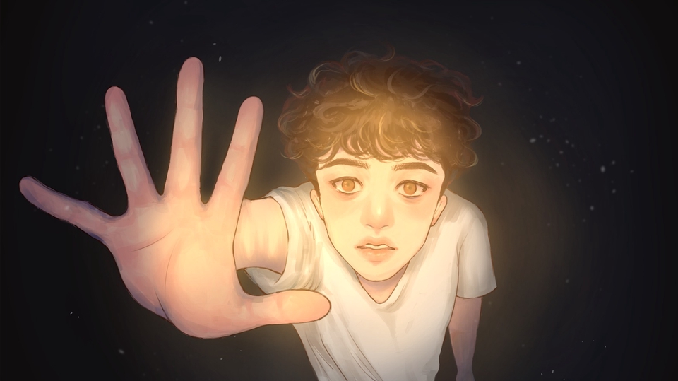 Ilustrasi seorang pria dengan rambut cokelat sedang mengangkat tangannya dengan latar belakang gelap dan berbintang.
