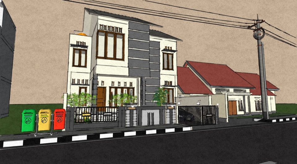 Jasa desain eksterior 3d rumah minimalis modern dengan taman depan