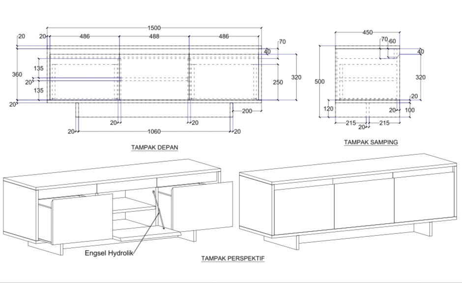 Desain lemari TV minimalis dengan 3 pintu dan 2 laci dengan ukuran detail.