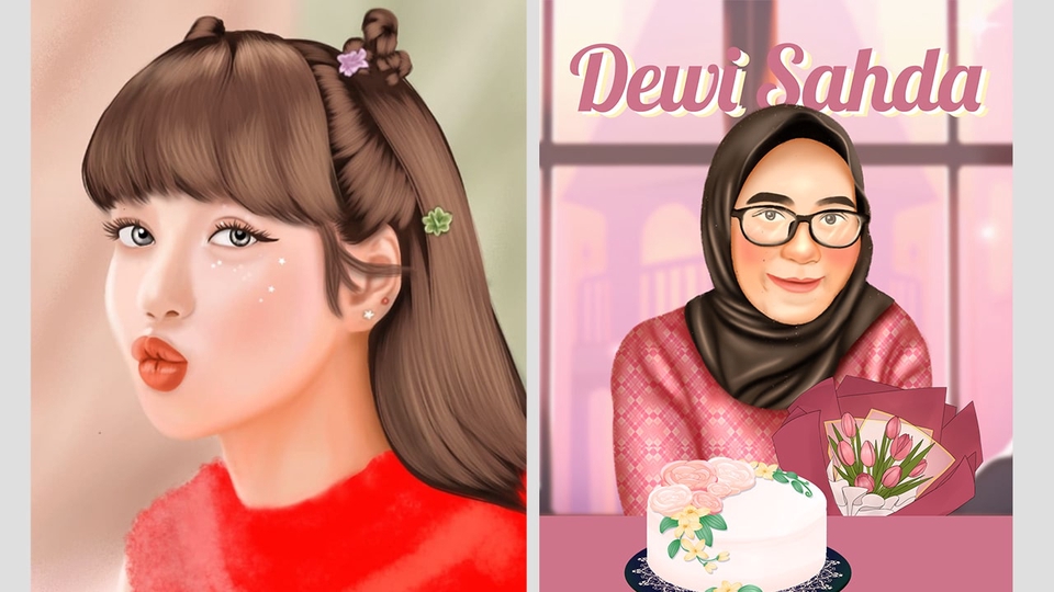 Jasa pembuatan karikatur gambar wajah wanita dengan warna merah dan wanita berhijab dengan kue