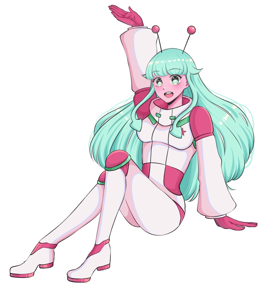 Ilustrasi digital karakter wanita anime berambut hijau dengan kostum merah muda dan putih