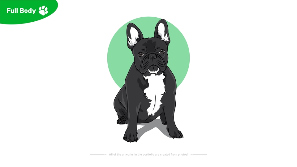 Ilustrasi anjing bulldog perancis hitam putih duduk dengan latar belakang hijau