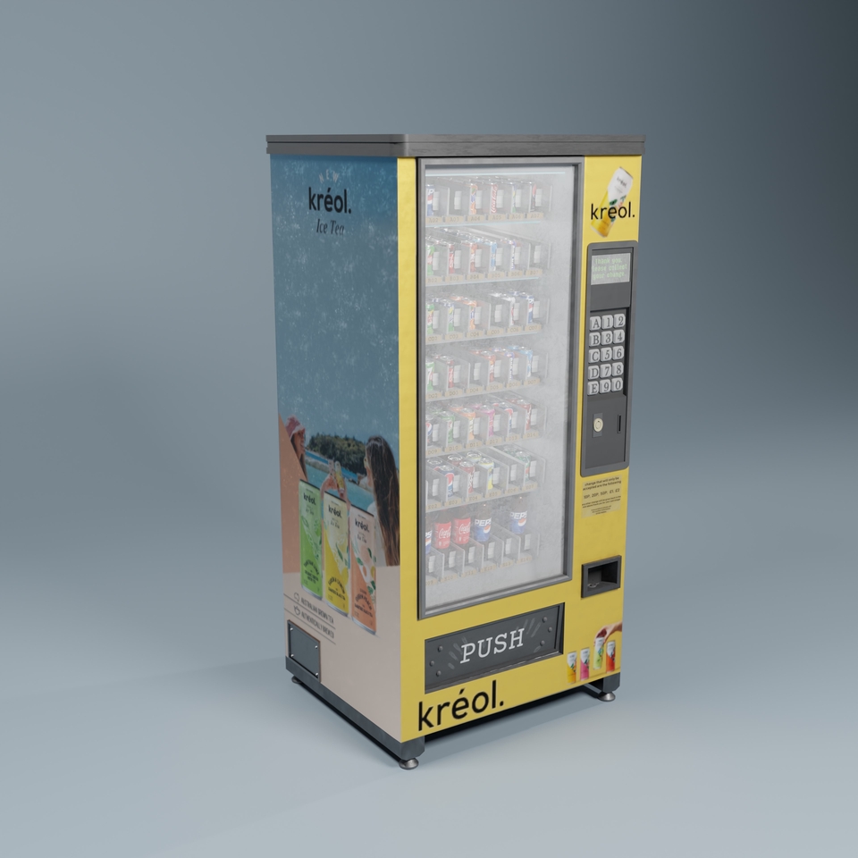 Jasa pembuatan video animasi 3d, menampilkan model 3d dari mesin penjual otomatis minuman dengan brand "kréol."