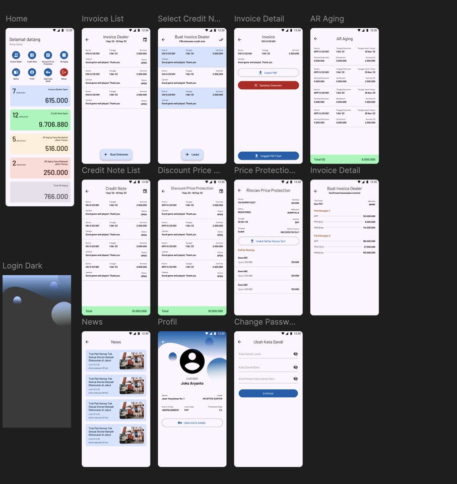 Jasa pembuatan aplikasi Android - contoh tampilan aplikasi mobile dengan berbagai fitur dan fungsi.