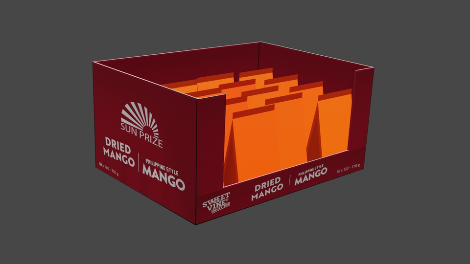 รับทำโมเดลสินค้า 3d แบบ packshot สำหรับผลไม้แห้ง มะม่วง Sun Prize