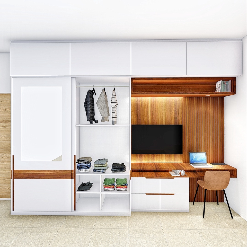 Desain lemari pakaian minimalis dengan rak terbuka dan meja kerja - jasa desain furniture online.