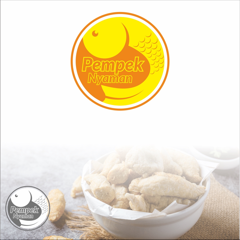 Logo desain dengan ikan untuk restoran makanan pempek, desain logo keren untuk usaha kuliner pempek