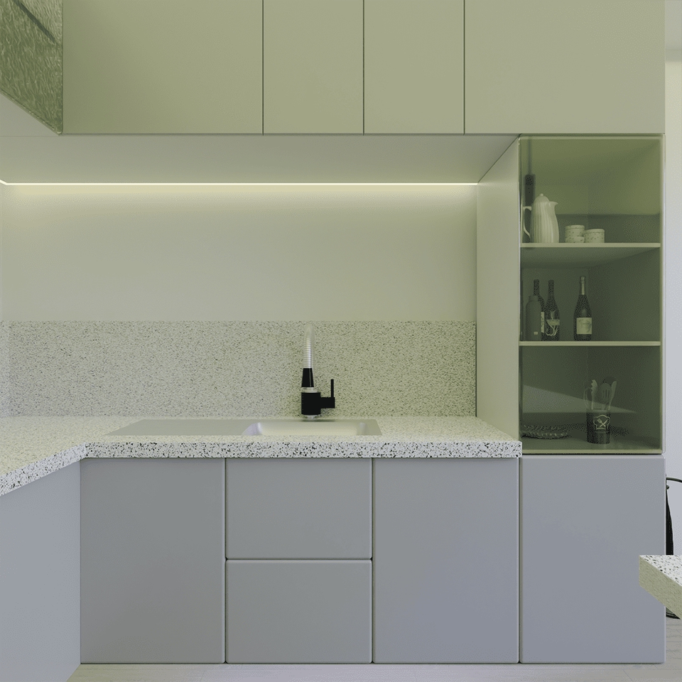 Desain dapur minimalis dengan lemari kabinet berwarna abu-abu dan rak terbuka di sisi kanan, cocok untuk inspirasi desain interior rumah modern.