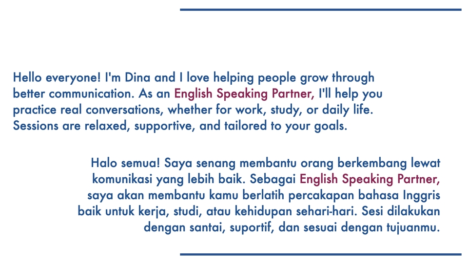 Belajar bahasa Inggris online dengan English Speaking Partner dari Dina.