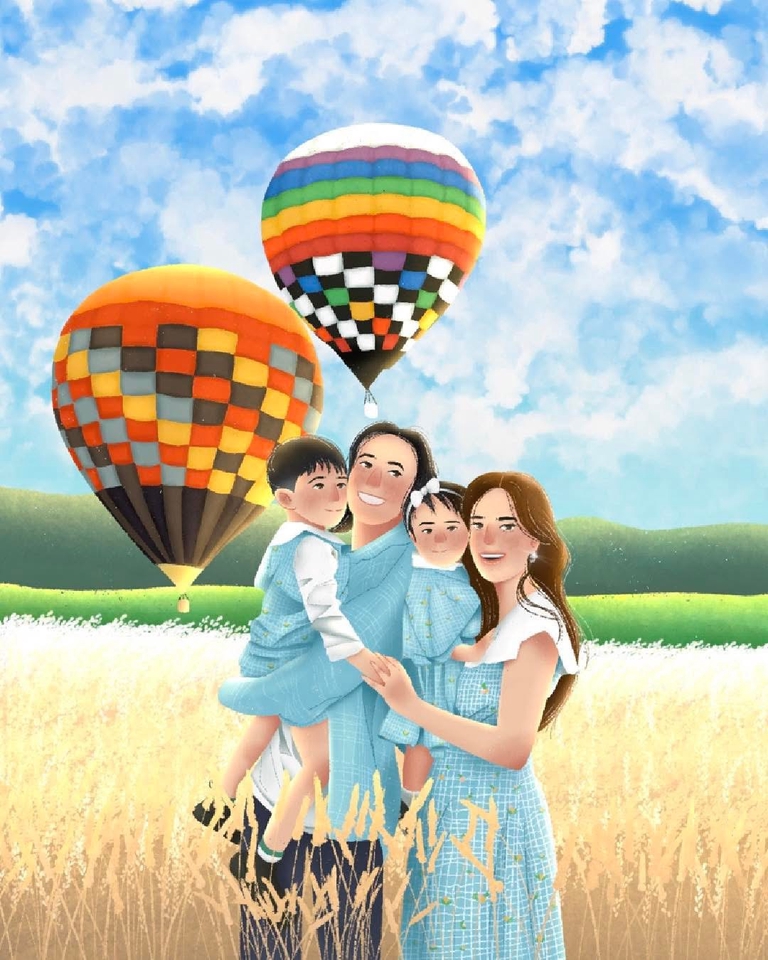รับวาดรูปการ์ตูนครอบครัว น่ารัก สไตล์ญี่ปุ่น พร้อมบอลลูน