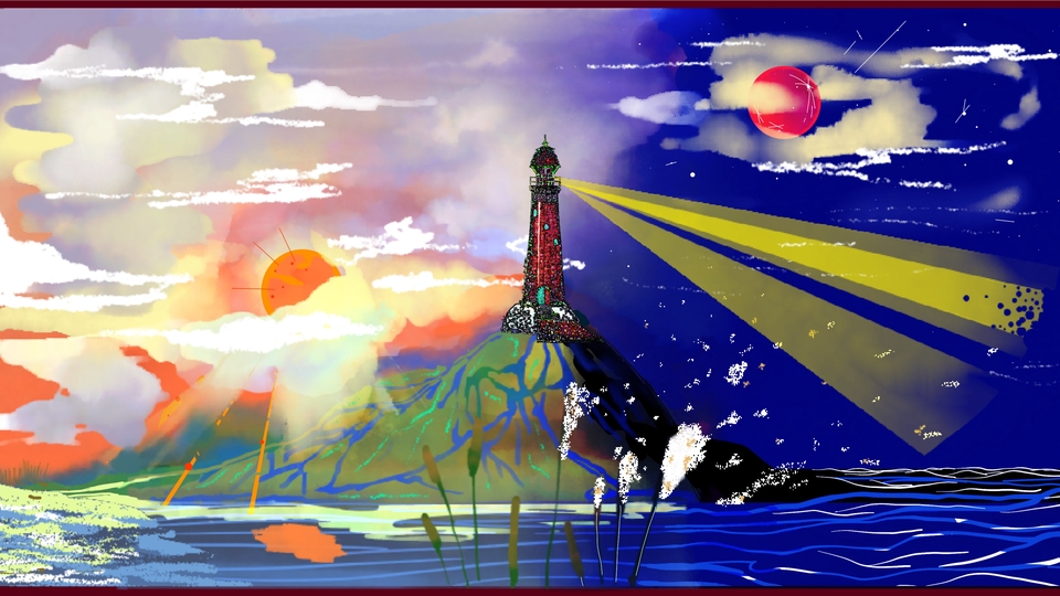 รับวาดภาพดิจิตอลเพ้นท์ ประภาคารยามเช้าและค่ำคืน