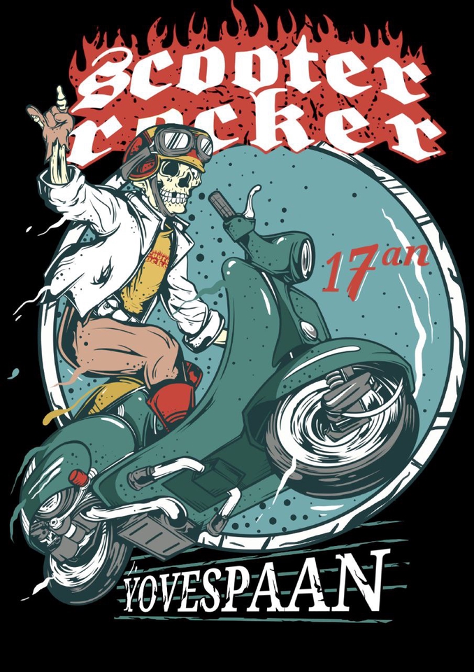 Ilustrasi sketsa keren scooter rock dengan karakter tengkorak untuk desain kaos, gambar ilustrasi