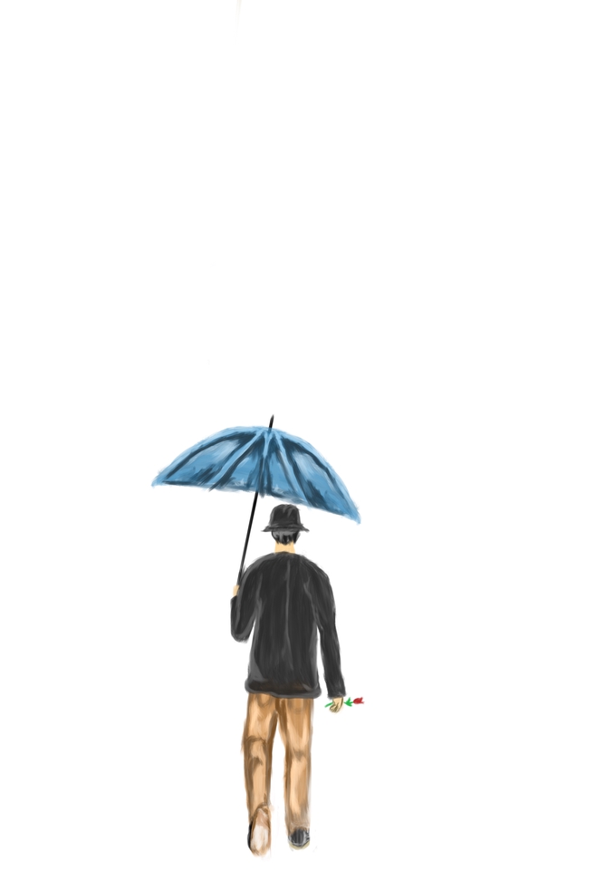 Ilustrasi seorang pria berjalan dengan payung biru