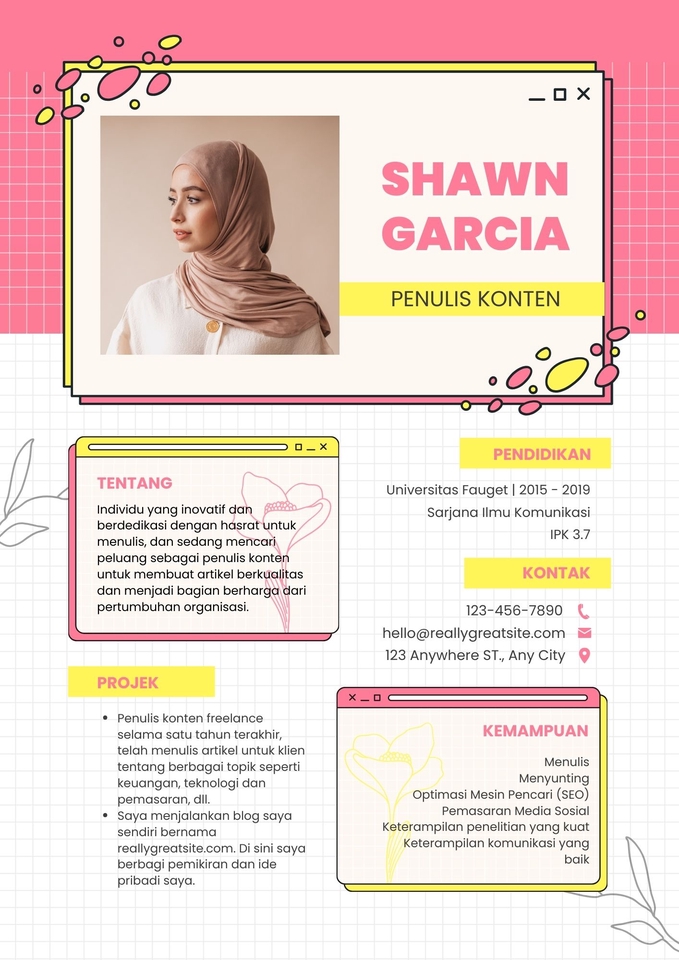 Jasa pembuatan cv dan desain portofolio profesional, Shaun Garcia, penulis konten berpengalaman, Universitas Fauget, Sarjana Ilmu Komunikasi, menawarkan desain cv menarik dan pembuatan resume.
