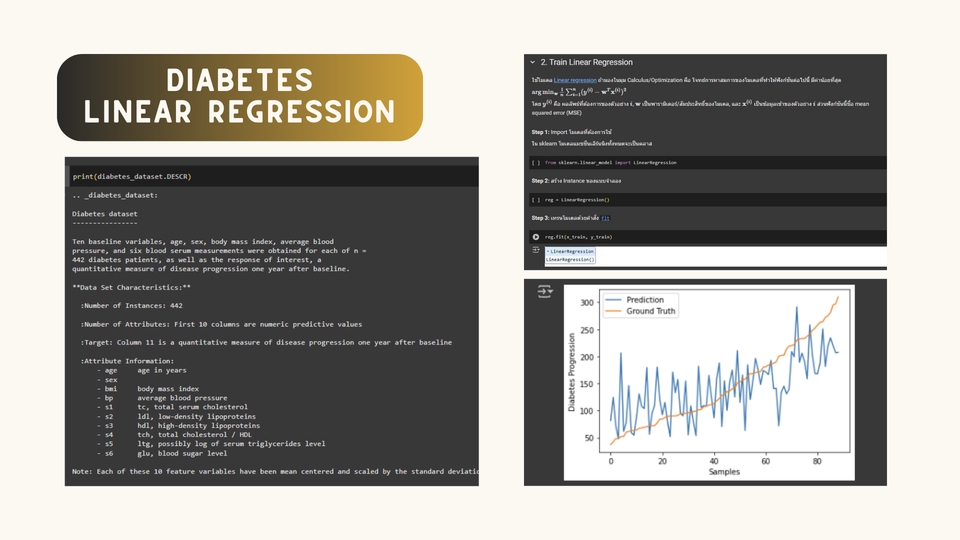 การวิเคราะห์ข้อมูลโรคเบาหวานด้วย Linear Regression ภาพแสดงโค้ด Python และกราฟผลการทำนาย