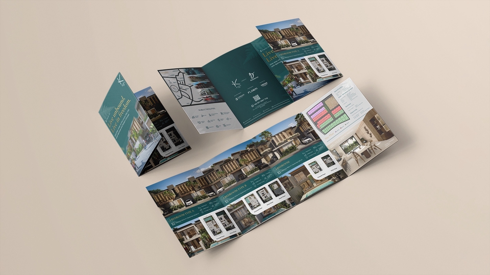Desain brosur properti modern dengan warna hijau dan putih, menampilkan denah lantai dan foto rumah.