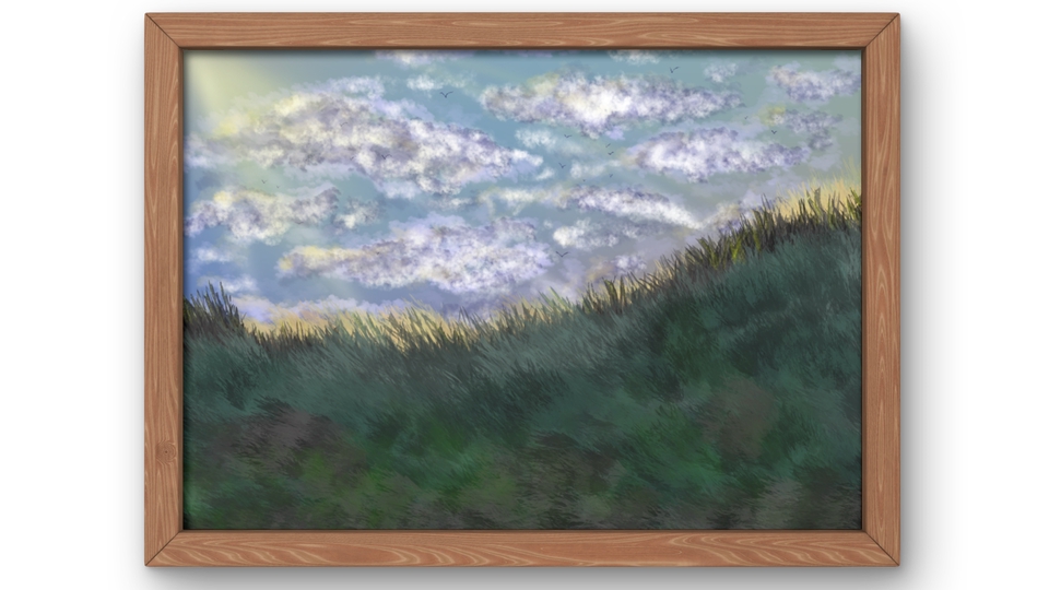 วาดภาพประกอบดิจิตอลเพ้นท์ทุ่งหญ้าและท้องฟ้า ภาพประกอบสวยงาม เหมาะสำหรับการ์ดอวยพรหรือปกหนังสือ