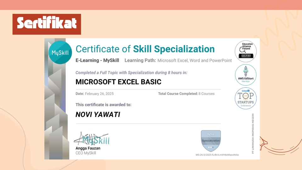 Jasa Data Entry Excel - Sertifikat Skill Spesialisasi Microsoft Excel Basic - NOVI YAWATI