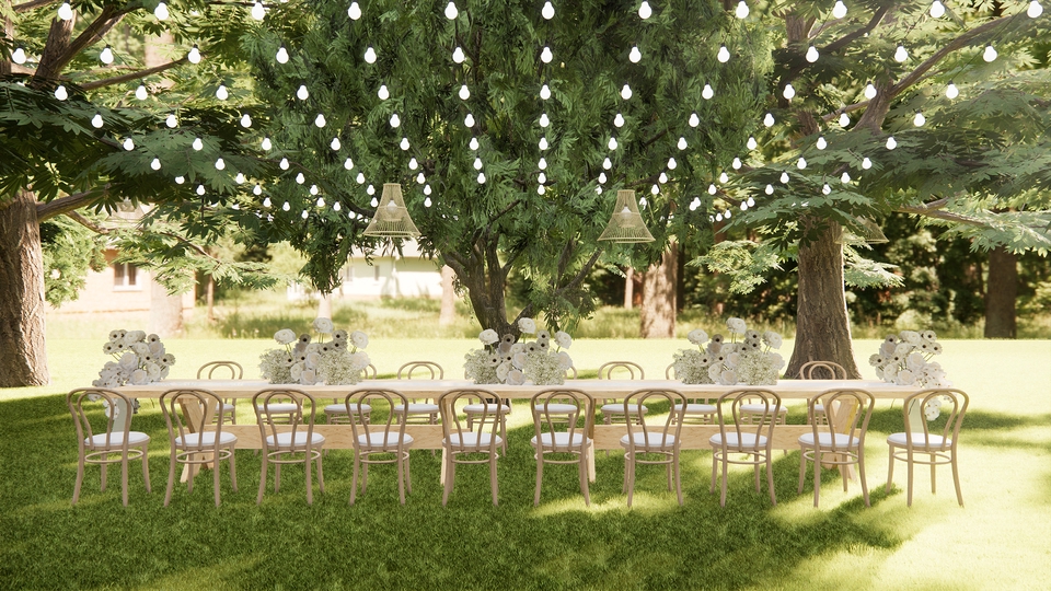 Jasa ilustrasi desain gambar kartun dengan gaya minimalis untuk dekorasi pernikahan di taman.