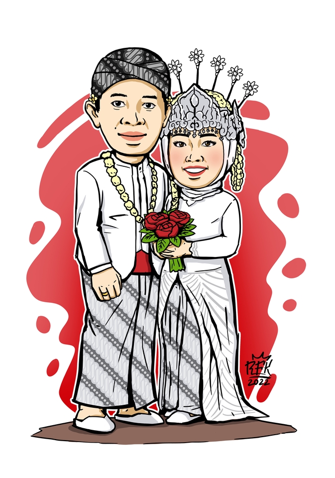 Jasa ilustrasi gambar pengantin pria dan wanita dengan pakaian tradisional khas Indonesia
