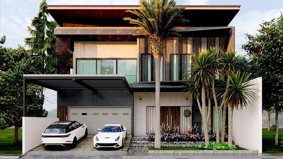 Jasa desain eksterior 3d rumah minimalis modern dengan taman dan kolam renang.