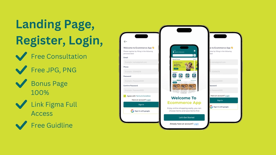 Desain Landing Page, Registrasi, dan Login untuk Aplikasi E-commerce Mobile dengan UI UX yang menarik.