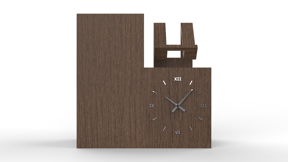 Jasa desain 3d interior ruang tamu minimalis modern dengan jam dinding kayu.