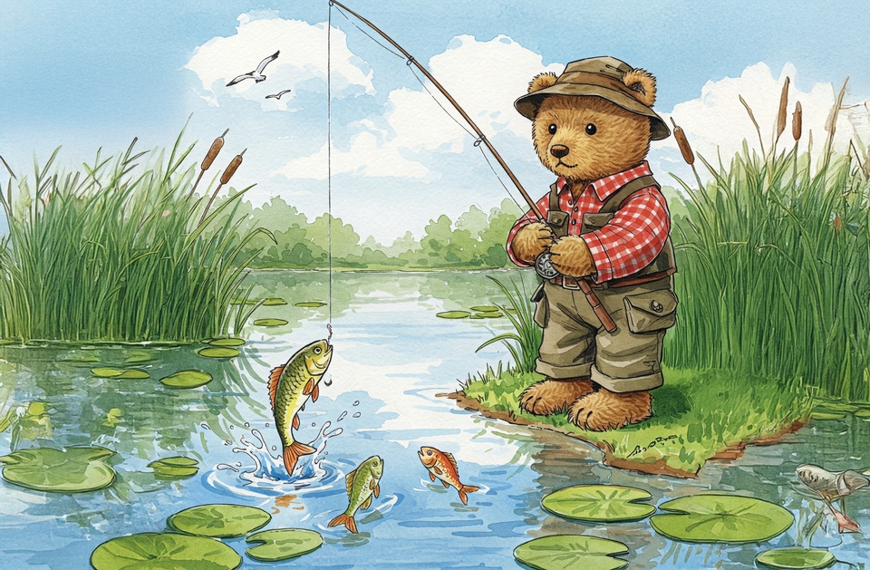 Ilustrasi beruang lucu sedang memancing di danau dengan ikan di sekitar.