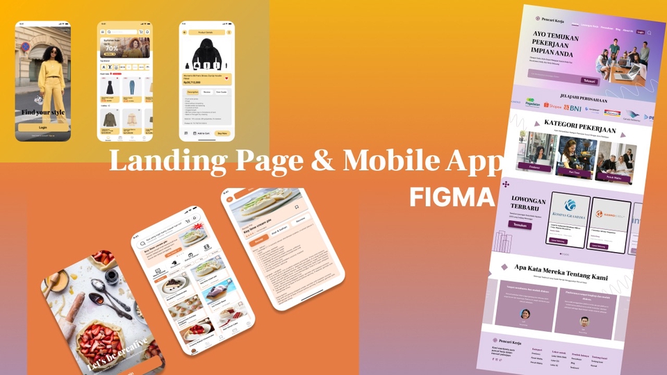 Desain landing page dan aplikasi mobile yang dibuat dengan Figma, contoh tampilan ui ux desain, desain aplikasi, dan mockup web.