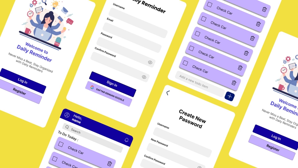 Desain UI UX untuk aplikasi pengingat harian, termasuk halaman pendaftaran, pengaturan password, dan antarmuka aplikasi.