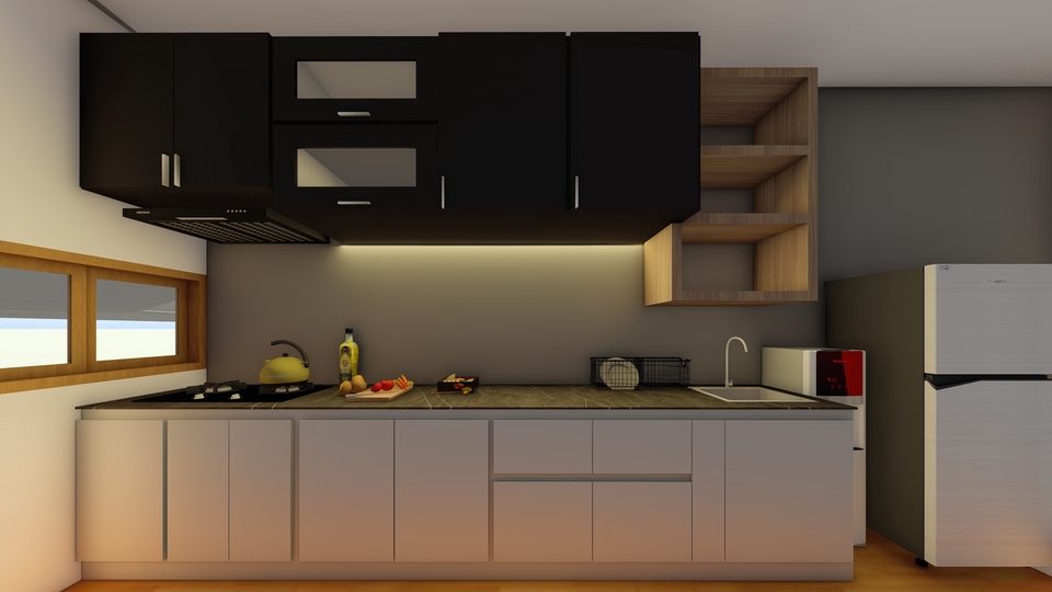 Desain lemari minimalis modern dengan rak dinding di sampingnya cocok untuk rumah kecil.