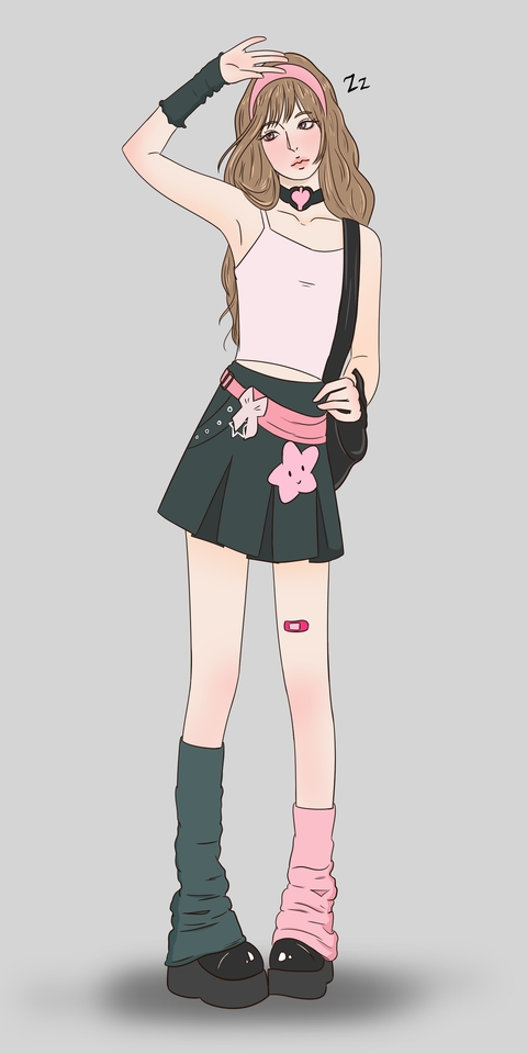 Ilustrasi digital wanita muda berambut coklat dengan pakaian kasual dan kaos kaki berwarna berbeda.