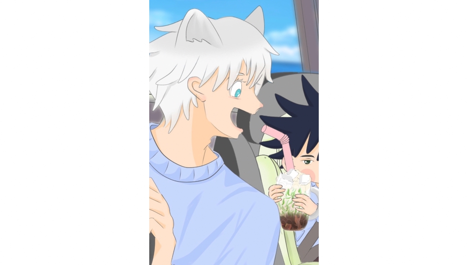 Ilustrasi kartun dua orang sedang minum minuman dalam mobil