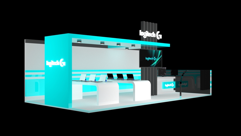Desain booth pameran logitech minimalis dengan warna biru dan putih